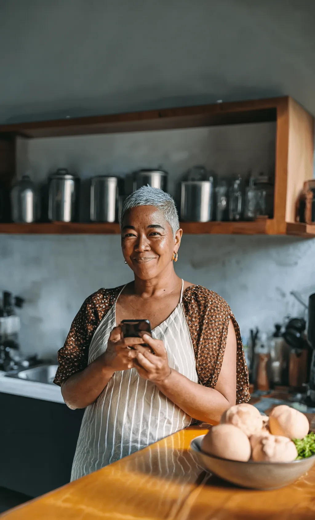 A Digbi member smiling in her kitchen, phone in hand