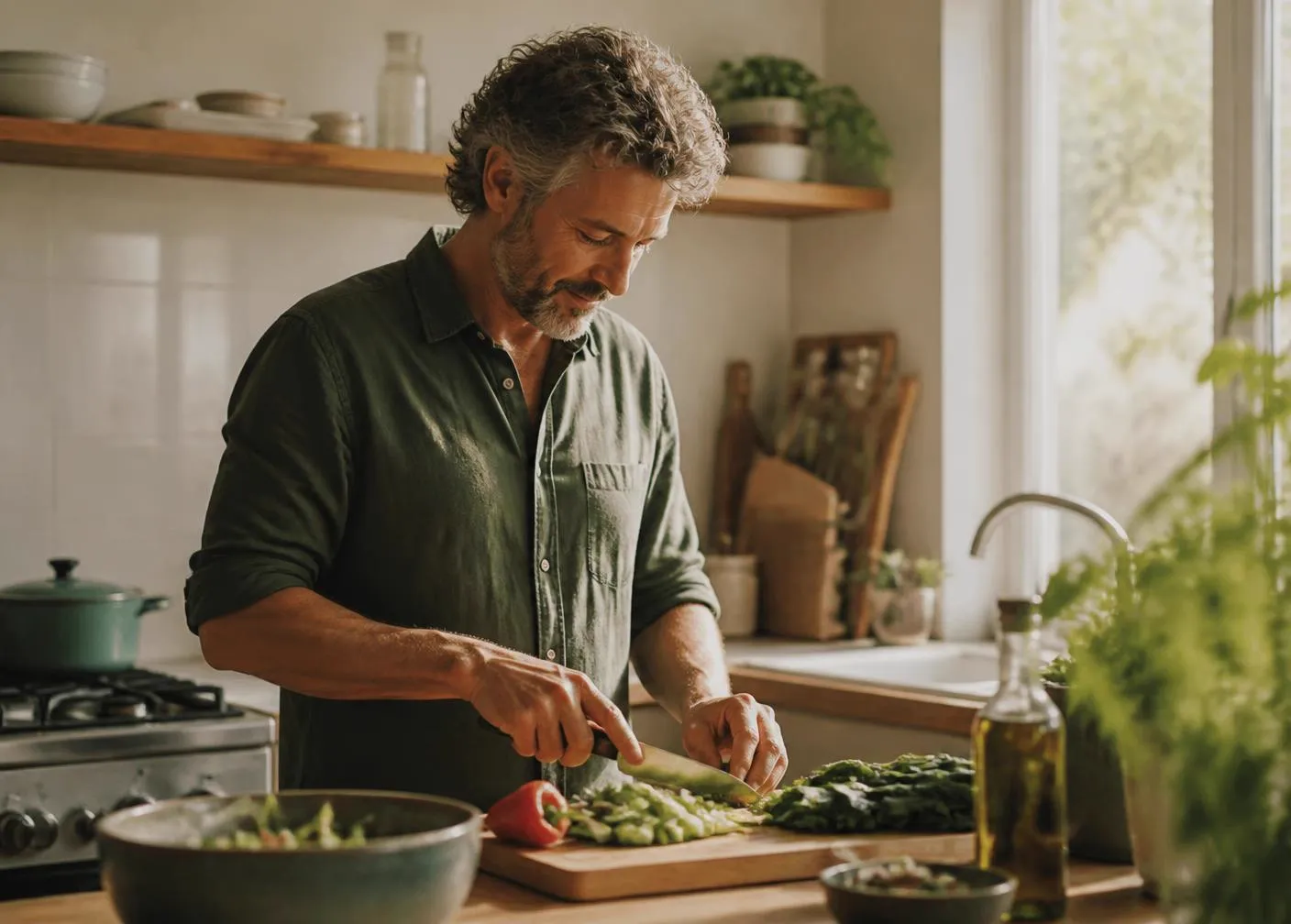A person preparing a fresh meal in a sunlit kitchen